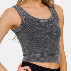 NEW🖤Zenana Washed Scoop Neck Wide Strap Tank S/M Ash Black